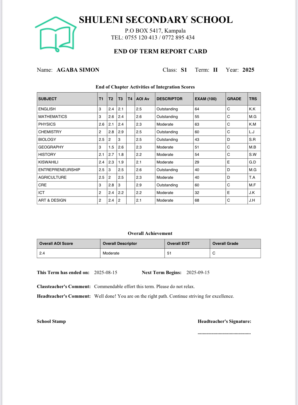 Shuleni Offline Report Card System